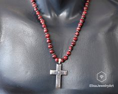 Cross Necklace Natural Red Jade Beaded Necklace Emotion Red Spiritual Necklace Gift For Him Unisex Birthstone Valentine's Day Gift -ALL THE PRODUCTS AT ELISAJEWELRYART ARE HANDMADE AND MADE WITH NATURAL BEADS. -WHAT DOES THE RED JADE STAND FOR   Red Jade is a stone of luck, dreams and fidelity. It helps the user fulfil their dreams and manifest their desires. It's a stone of confidence, ambition and self-reliance. -PRODUCT DETAILS Product Code : 3402 Stainless Steel Cross Pendant Natural Red Jad Red Spiritual Necklace For Valentine's Day, Red 8mm Beaded Jewelry For Valentine's Day, Spiritual Red Necklaces With Silver Beads, Adjustable Red Spiritual Necklace, Red Cross Necklace For Valentine's Day, Handmade Red Cross Jewelry, Red Coral Spiritual Necklaces, Spiritual Red Jade Jewelry, Jade Bead Necklace