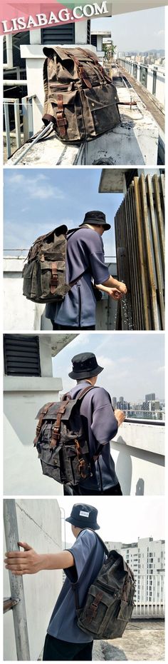 Handmade Waxed Canvas School Backpack Travel Backpack Casual Hiking Backpack YC01 Brand Purses, Vintage Style Bag, Best Travel Backpack, Purse Style, Vintage Leather Backpack, Purse Organizer