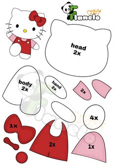 hello kitty cut out with the numbers and measurementss for each doll's head