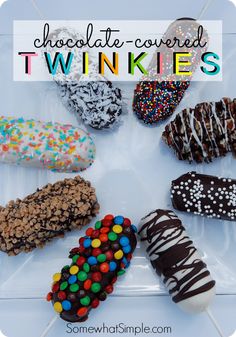 chocolate covered twinkies are arranged in a circle on a white tray with the words, chocolate covered twinkies