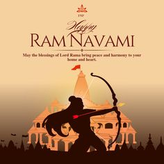 the poster for rama navami with an arrow and bow in front of a building