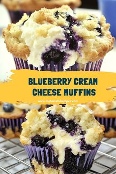 blueberry cream cheese muffins on a cooling rack with the words, blueberry cream cheese muffins