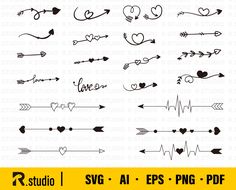 various arrows and hearts with the words love in each one, including an arrow on top