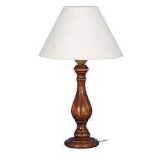 a wooden table lamp with a white shade on the top and bottom part of it