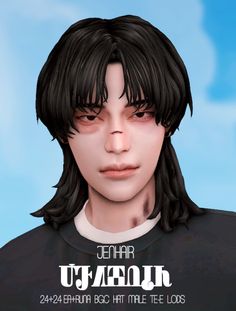 an animated image of a young man with long black hair and bangs, wearing a t - shirt