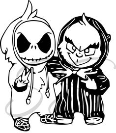 an image of two cartoon characters in black and white, with the text halloween on it