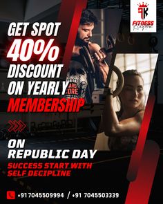 Looking to get fit? On Republic Day, get a 40% discount on our yearly membership, and get a 1-month personal training session for free! But hurry this offer is only valid for the first 25 members...!!

For more details
Join Now - 7045503339 / 7045509994 Gym Design, One Year Anniversary, Republic Day, Creative Ads, Resume Design, 1 Month, Personal Training