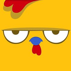 the face of a yellow bird with big eyes and a red comb on it's head