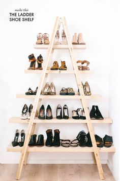 a ladder is used as a shoe rack to store pairs of women's shoes