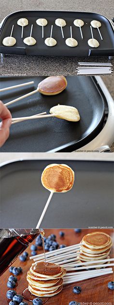 pancakes being cooked on a grill with skewers and blueberries in the foreground