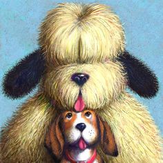 a drawing of a dog with its head on another dog's back, both looking at the camera