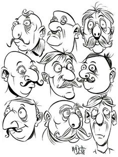 cartoon faces drawn in black and white with different facial expressions, including one man's head