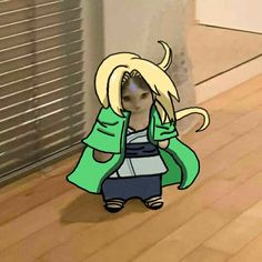 an animated image of a woman with blonde hair and green jacket on standing in front of a door