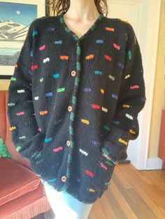 Amazing 80s hand-knit black lambswool cardigan with colorful accents throughout. This item is 100% wool so it is a bit itchy on bare skin.  Brand / Bolivian Handknits Size / Women's xs-medium depending on desired fit (pictured on an XS) Material / 100% lamb wool Condition / Excellent - minor pilling throughout Measurements (taken flat, double where appropriate): Shoulder to shoulder: 26 in Pit to pit: 24 in Sleeve: 19 in Waist: 23.5 in Hem: 23 in Total length: 27 in Feel free to message me with any additional questions! 80s Sweater Outfit, Rhinebeck Ny, Black Leather Shorts, 80s Sweater, Vintage Winnie The Pooh, Sweater Outfit, Embroidered Leather, Bare Skin, Leather Shorts