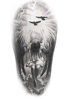 a man with an angel tattoo on his arm is shown in this black and white photo