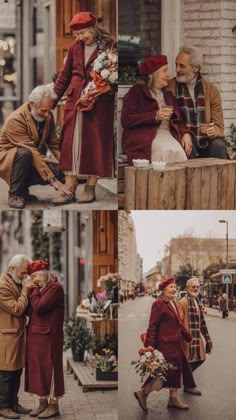 an old man and woman dressed in red are kissing on the street while another lady is walking down the sidewalk