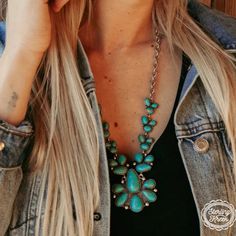 Add a touch of wild west flair to your outfit with the Stagecoach Trails necklace. Featuring three exquisite faux turquoise stones and a playful concho charm, this is a must-have for any cowgirl looking to make a statement. Giddy up and get yours today! Bohemian Necklaces For Western-themed Events, Southwestern Necklaces For Western-themed Events, Adjustable Western Turquoise Necklace, Adjustable Western Style Turquoise Necklace, Western Style Turquoise Necklace For Ranch, Turquoise Necklace For Western-themed Events, Cowgirl Look, Rodeo Queen, Western Style Outfits