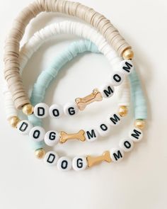 Mom Heishi Bracelet, Dog Mom Bracelet Stack, Dog Mom Jewelry, Lay Bead Bracelet Ideas, Dog Mom Crafts, Clay Bead Bracelets Diy, Summer Heishi Bracelets, Clay Bead Design Ideas, Dog Mom Bracelet