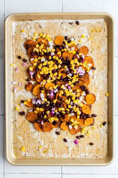 corn and black beans on a baking sheet