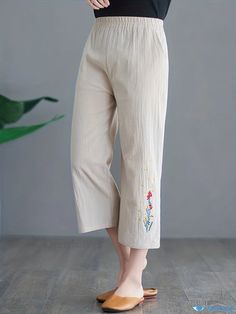 Orcajump - Floral Embroidered Pants, Elegant High Waist Wide Leg Cropped Pants, Women's Clothing Non-stretch Embroidered Casual Bottoms, Casual Non-stretch Embroidered Bottoms, Embroidered Non-stretch Wide Leg Bottoms, Casual Embroidered Straight Leg Bottoms, Non-stretch Wide Leg Pants With Floral Embroidery, Spring Embroidered Ankle-length Bottoms, Beige Non-stretch Ankle-length Pants, Straight Leg Pants With Floral Embroidery For Spring, Embroidered Ankle-length Pants For Spring