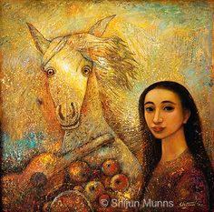 a painting of a woman holding apples with a horse in the back ground behind her