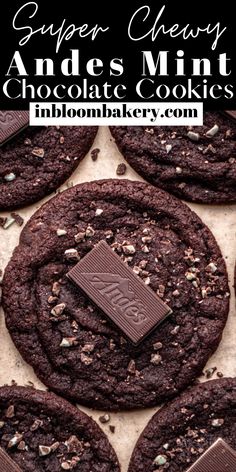 chocolate cookies are stacked on top of each other with the words, super chewy anes mint chocolate cookies