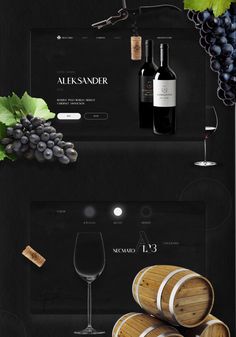 wine bottles, glasses and grapes are displayed on a black background with the word's name