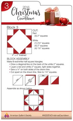 the christmas quilt block 3 pattern is shown in red and white, with presents on it