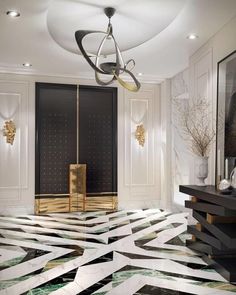 a room with marble floors and white walls