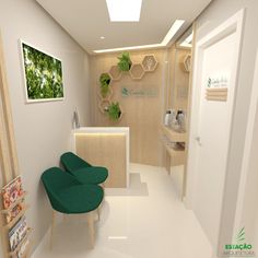 this is an artist's rendering of a bathroom with white floors and green chairs