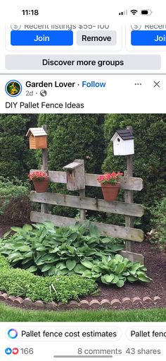 an instagram page with flowers and birdhouses on the fence, which reads garden lover follow diy pallet fence ideas