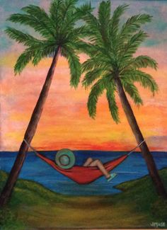 a painting of a person laying in a hammock between two palm trees and the ocean