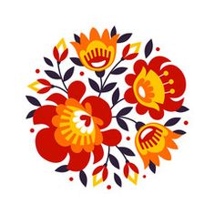 an orange and red flower arrangement on a white background