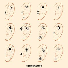 the different types of ear piercings are shown in black and orange ink on a beige background