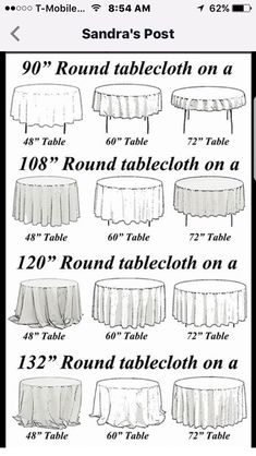 table cloth sizes for round tables and oval tables with measurements on each side, from the top to the bottom