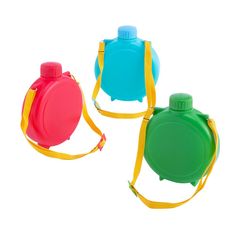 two plastic water bottles with yellow and green straps