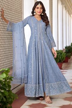 Light Blue Embroidered Anarkali Suit In Georgette Fabric Anarkali Designs, Celana Fashion, Anarkali Salwar, Salwar Kamiz, Salwar Kameez Online, Anarkali Gown, Elegant Embroidery, Salwar Kameez Designs, Anarkali Suit