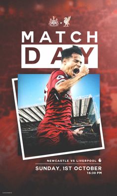 a poster for the match day with a photo of a man in red shirt and black pants