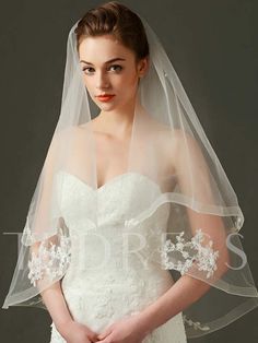 a woman wearing a wedding veil with an applique