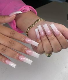 Pink + White = Beautiful Ombre Nails 🤍🩷🤍🩷 | If you like this style, follow for more @exquisitejoe ❤️ Fake Nails White, Long Nail Designs, Ombre Acrylic Nails, Coffin Press On Nails, Acrylic Nails Coffin Pink, Nail Swag, Glam Nails, Pink Acrylic Nails