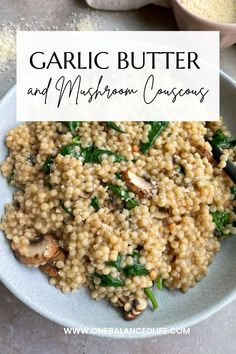 garlic butter and mushroom casserole on a white plate with the title above it