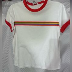 Nwt Forever 21 Rainbow Striped White Tee With Red Collar And Sleeve Detailing. Size Small. No Defects, Stains, Or Tears! Retro Color Block T-shirt For Spring, Retro Spring Color Block T-shirt, Spring Retro Color Block T-shirt, White Color Block Graphic Tee Top, White Color Block Graphic Tee, Casual Red Tops From Forever 21, Casual Red Forever 21 Tops, Red Forever 21 Crew Neck Top, Forever 21 Red Crew Neck Top