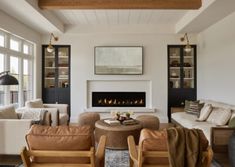 a living room filled with furniture and a fire place in the middle of the room