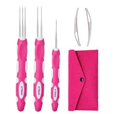 three pink and white dental instruments next to a pink case with scissors on it's side