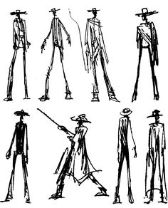 some sketches of people with hats and canes