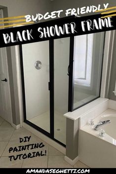 a bathroom with a tub, sink and shower in it that says budget friendly black shower faucet