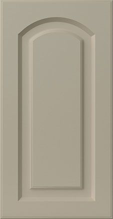 a white door with an arch design on the front and side panel, in grey