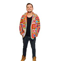 Cardigan Colorful, Cardigan Plus Size, Sweater Boho, Granny Square Afghan, Hoodie Cardigan, Boho Stil, Crochet Cardigan, Crochet Clothes, Rainbow