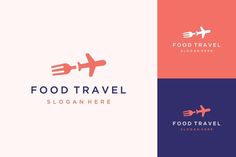 the food travel logo is shown in three different colors and font, with an airplane flying above