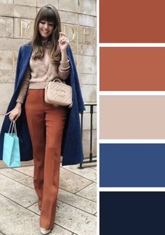 Contrast Colour Outfits, Rust Orange Outfits Color Combos, Copper Colored Pants Outfit, Blue Pants Outfit Fall, Colors To Wear In Winter, Purple And Orange Outfit Ideas, Gray And Orange Outfit, Rust Colored Outfits, Rust Orange Pants Outfit